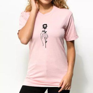 Never Made Brand Pink T-shirt with Hand Skull Rose Graphic Print